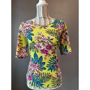 Time and Tru Womens M Yellow Tropical Floral Tee Short Sleeve Bright Summer Top